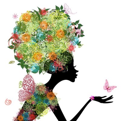 Renkli Çiçekli Kadın Saçı Figürlü Duvar Kağıdı 